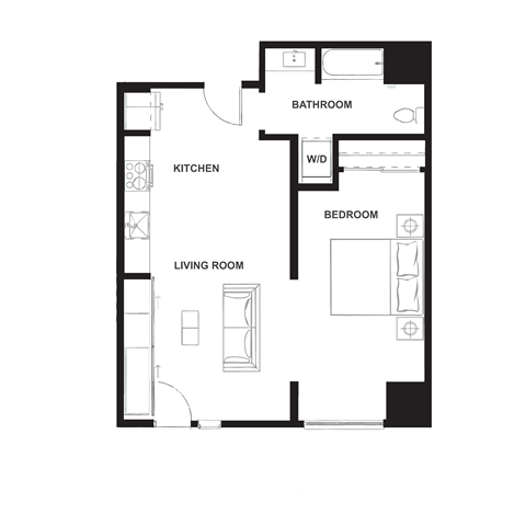 Floor plan for 1 bed, 1 bath, 724 sqft